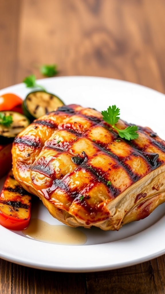 Grilled chicken thigh garnished with parsley, served with grilled vegetables on a rustic table.
